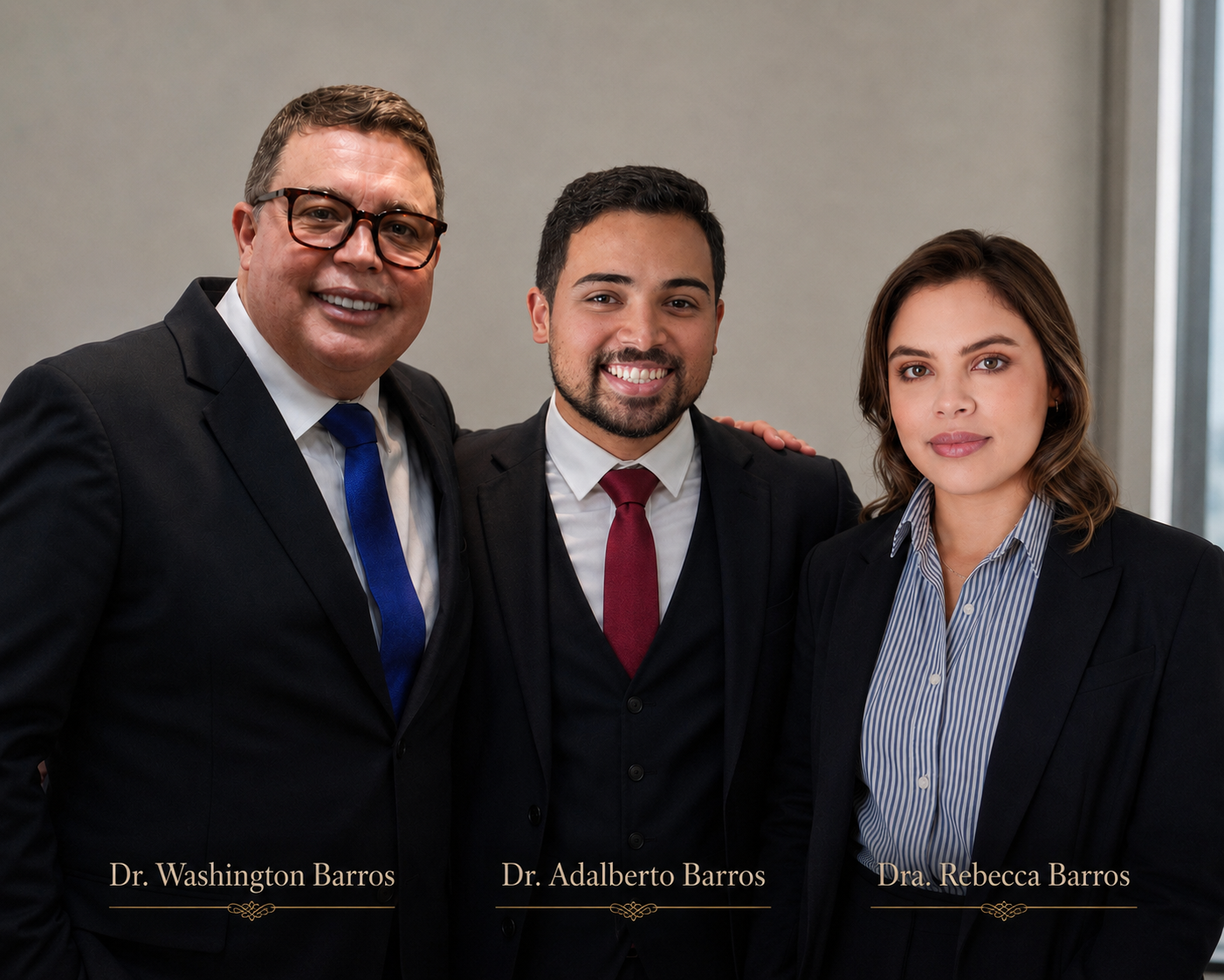Dr. Washington Barros, Dr. Adalberto Barros e Dra. Rebecca Barros, advogados do escritório em Recife